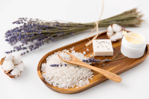 bath salt, lavender soap and body butter on tray - 写真・画像