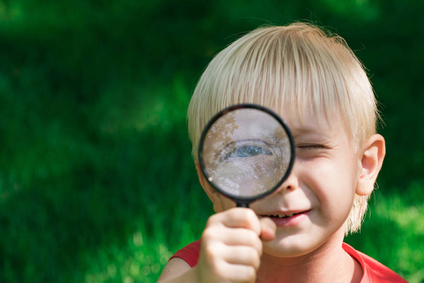 Cute curious child looking through a magnifying glass. Serious boy exploring the environment - Foto, afbeelding