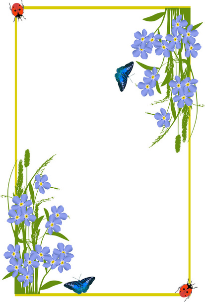 roter Käfer auf blauem Frühlingsblumenrahmen - Vektor, Bild