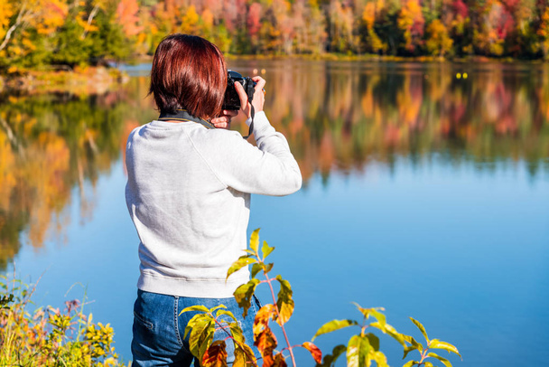 Woman tourist taking pictures of a beautiful mountain lake on a sunny autumn morning. Stunning autumn colours. - Zdjęcie, obraz