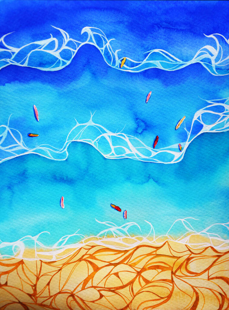 widok na morze i plażę z góry, ręcznie rysowane akwarela letnie tło - Zdjęcie, obraz