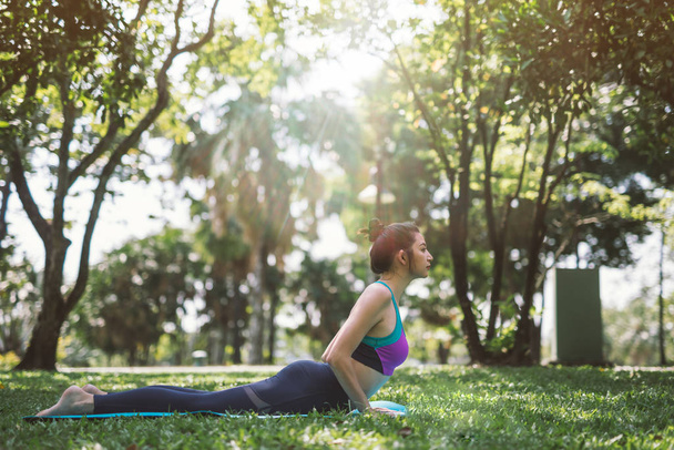Yoga in the park healthy exercise. - Zdjęcie, obraz