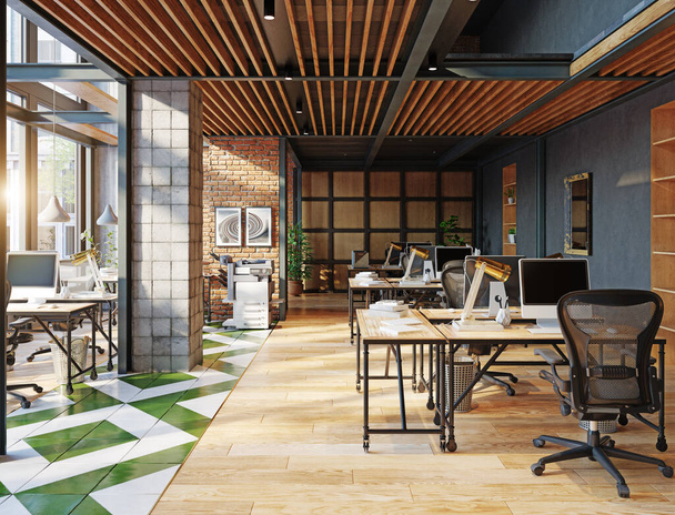 contemporary loft office interior. 3d rendering design concept - Φωτογραφία, εικόνα