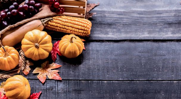 Thanksgiving achtergrond met groenten en fruit op hout in de herfst en herfst oogstseizoen.Kopieer ruimte voor tekst. - Foto, afbeelding