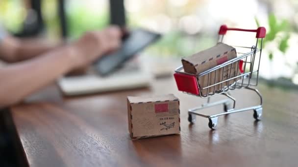 close-up footage of woman with miniature shopping cart and box making online shopping - Imágenes, Vídeo