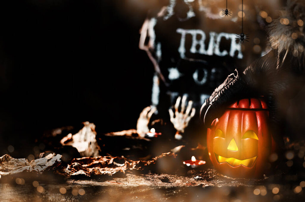 Happy Halloween concept. Trick or treat in autumn season. Scary and boo symbol at night. - Photo, Image
