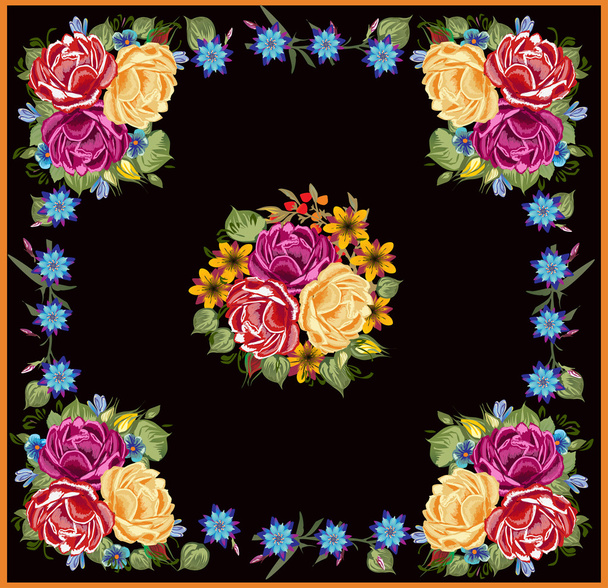 square design with brite roses on black - Вектор,изображение