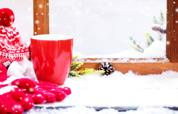 Hot coffee for Winter season. Merry Christmas and Happy New Year. Hot drink and cake for vacation holiday. - Photo, Image