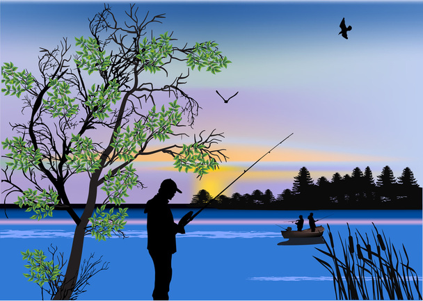 fisherman near tree at sunset - Vector, Image