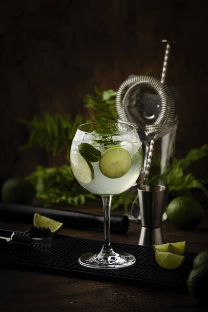 Hugo cocktail, summer italian aperitif made with Prosecco sparkling wine, lime, mint and elderflowers syrup - 写真・画像