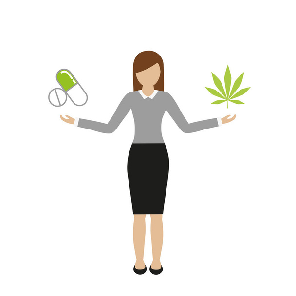 woman holds tablets in one and cannabis leaf in the other hand - ベクター画像