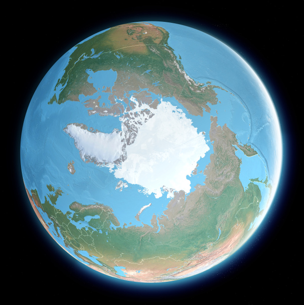 Pohjoisnavan karttaa. Arktinen alue, jää, sulaminen, ilmastonmuutos. Ilmastokriisi. Tieteellinen retkikunta. Satelliitti näkymä maapallolle. 3d renderöinti. Elementti Tämän kuvien on kalustettu Nasa
 - Valokuva, kuva