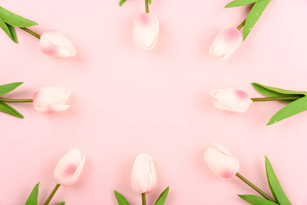 Χαρούμενη Ημέρα της Γυναίκας, έννοια Ημέρα της Μητέρας. πάνω όψη επίπεδη θέσει λουλούδι τουλίπα σε ροζ φόντο, αντίγραφο χώρο για το κείμενό σας - Φωτογραφία, εικόνα