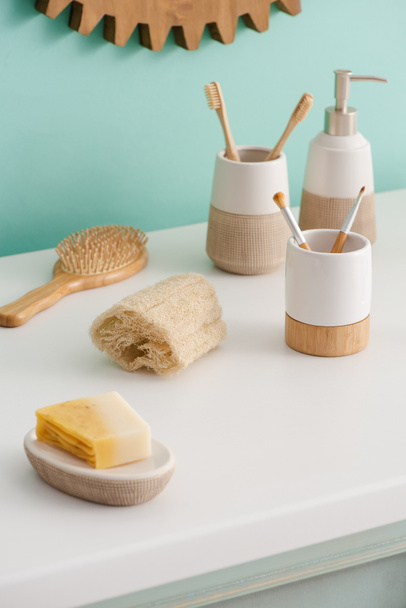 Eco friendly hygiene objects in bathroom, zero waste concept - Photo, Image
