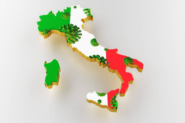 A koronavírus képe Olaszország térképén. 3D-s renderelés - Fotó, kép