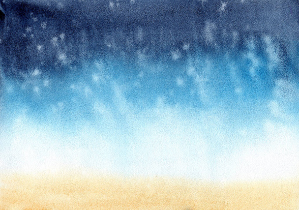 illustration watercolor abstract background sea ocean beach sand. smooth gradient transition from indigo, turquoise, blue, yellow, brown. hand drawn - 写真・画像