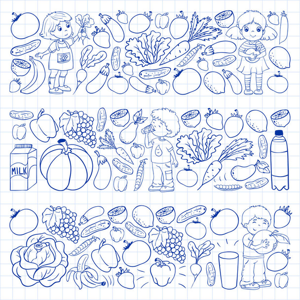 Vector pattern with children eating healthy food. Fruits and vegetables. Kids like milk, dairy products. Pattern for store, mall, menu, cafe, restaurants. - Vettoriali, immagini