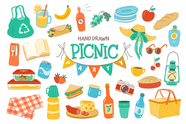 Set for a picnic day. Hand drawn picnic basket, drinks, thermos, cups, plates, food, sun protect and more. Isolated on white background. - Vector, Image