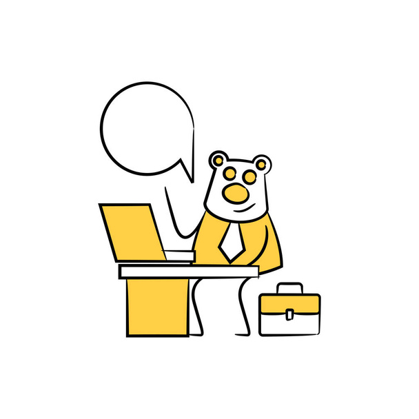 oso trabajador, hombre de negocios sentado y trabajando con el habla portátil burbuja amarillo palo figura
 - Vector, Imagen