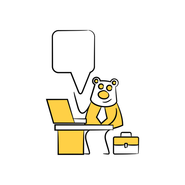 ours travailleur, homme d'affaires assis et travaillant avec ordinateur portable bulle parole jaune chiffre bâton
 - Vecteur, image