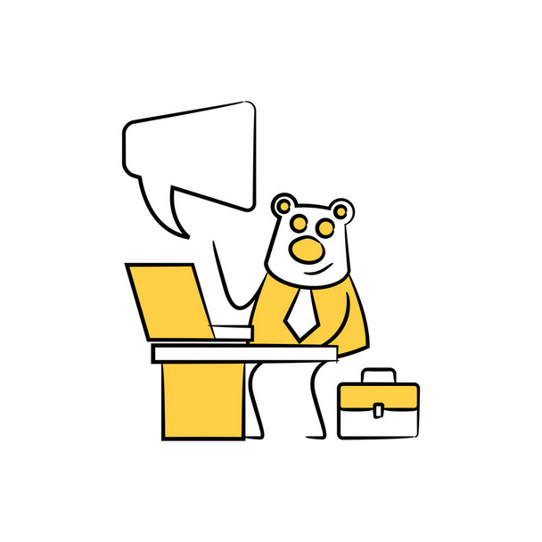 medve munkás, üzletember ül és dolgozik laptop beszéd buborék sárga bot figura - Vektor, kép
