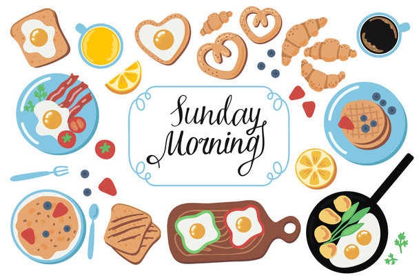 Vektör yemek ikonları: çırpılmış yumurta, kahve, portakal suyu, pastırma, gözleme, meyve, kruvasan. Kahvaltı tabakları koleksiyonu. El yazması yazı "Pazar sabahı". - Vektör, Görsel