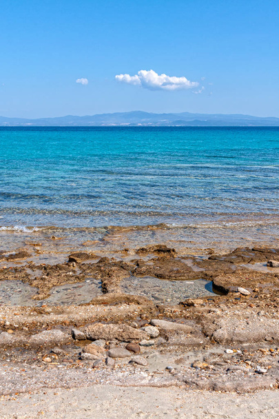Panoramic view of beach of town of Afytos, Kassandra, Chalkidiki, Central Macedonia, Greece. Beach on the Ionian Sea - Photo, Image