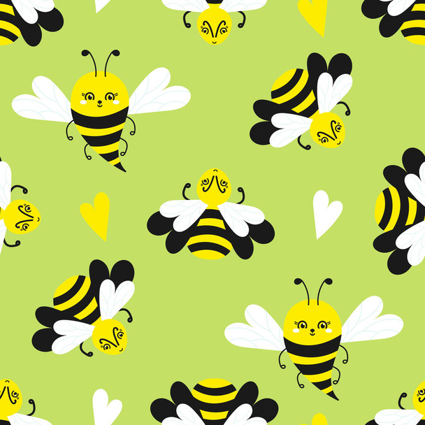 Flying Bee Cartoon (en inglés). Patrón sin costuras en verde. Lindos insectos para papel pintado, tela y otros
. - Vector, Imagen