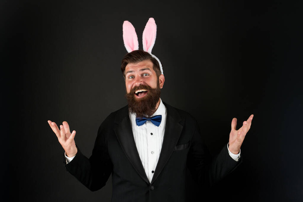 Celebration Easter holiday. Bearded man with long ears. Businessman with long ears. Handsome man wear bunny costume accessory. Easter day. Event host. Celebrate Easter. Let me be your bunny - Photo, image
