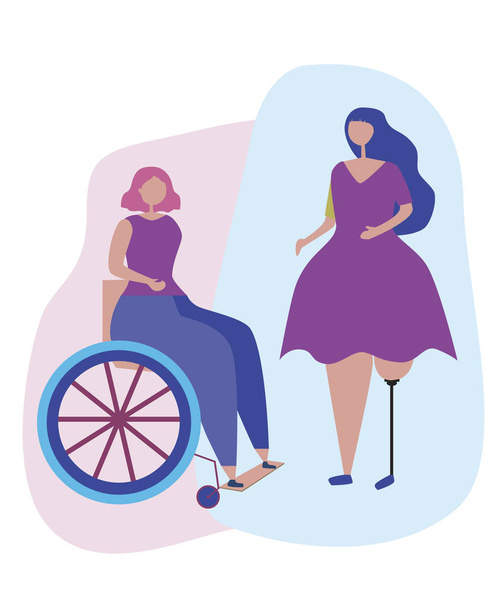 Protez bacaklı ve tekerlekli sandalyede olan kadınlar kapsayıcılık ve arkadaşlık kavramı. Engelli Kızlar Uluslararası Engelliler Günü için Sabit Vatandaş İllüstrasyonu - Vektör, Görsel