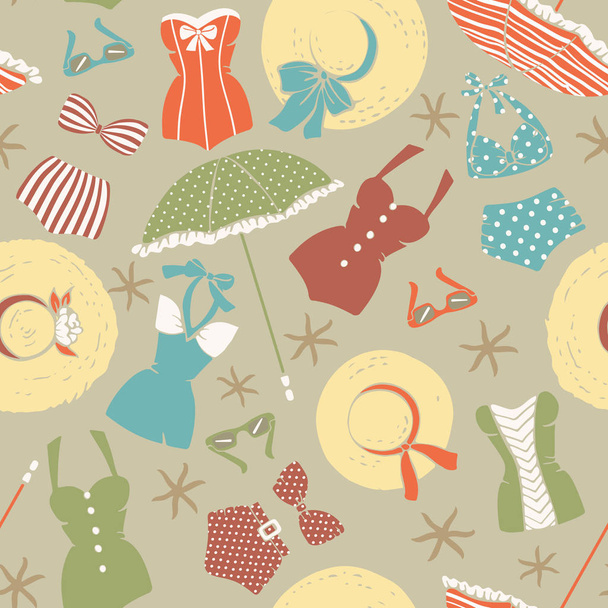 Vector seamless pattern with vintage summer beach accessories:  swimsuits, umbrellas and sunglasses - Vektör, Görsel