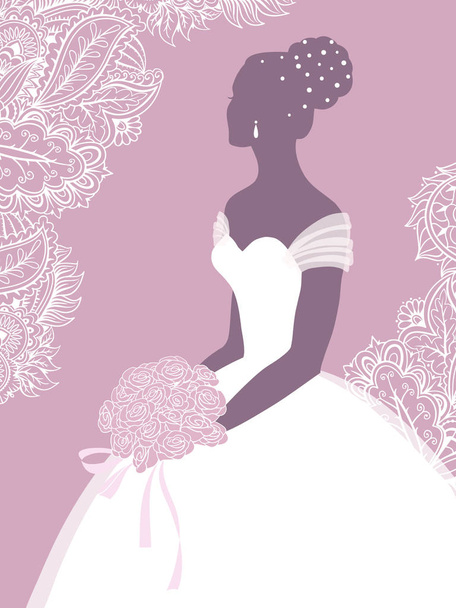 Beautiful bride holding a rose bouquet, vector illustration for design, greeting card or invitation - Vektor, Bild