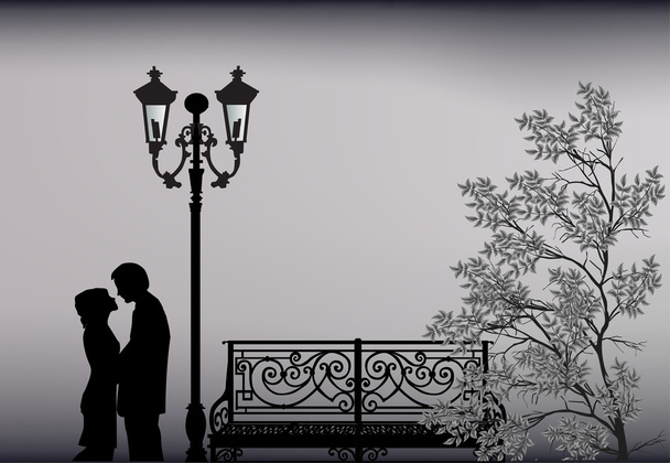 couple near bench and lantern - Vector, Image