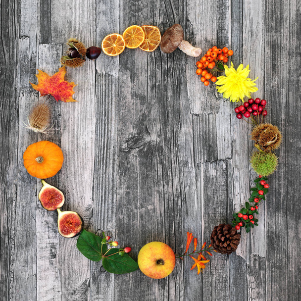 Composição do festival de colheita de grinalda de outono com uma variedade de flora natural e comida em fundo de madeira rústica
.  - Foto, Imagem