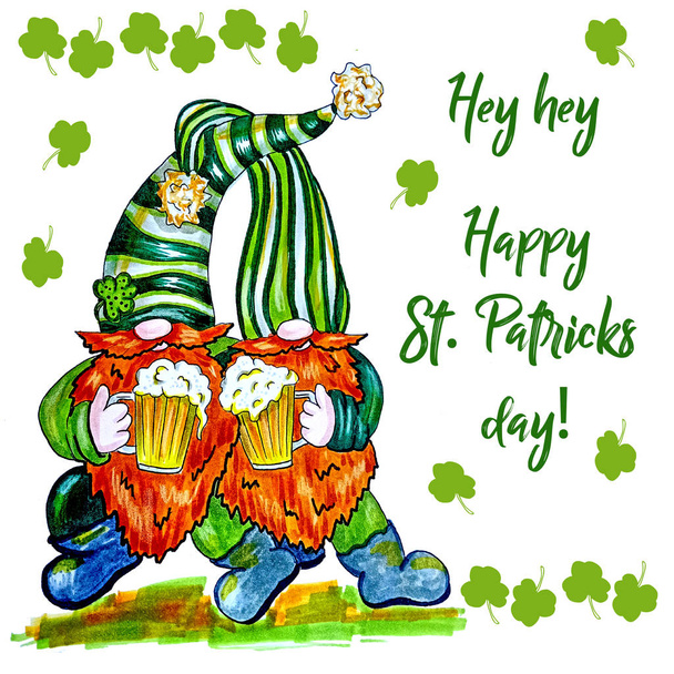 Carte de vœux de Saint Patrick avec deux drôles de gnomes dansants, lutins tenant les lutins de bière
 - Photo, image