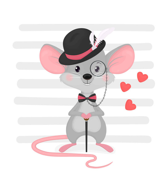 Tarjeta de felicitación del vector cute rata cartográfica. Mouse niño en un sombrero con una corbata de arco, gafas, monóculo, caña en un fondo rayado.. - Vector, Imagen