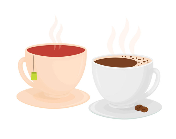 Desayuno, delicioso comienzo del día. Una taza de café caliente fresco. Una taza de té. Diseño para cafetería, carteles, pancartas, tarjetas. Ilustración vectorial del icono plano de dibujos animados aislado sobre fondo blanco
. - Vector, Imagen