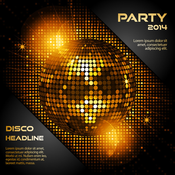 disco ball in glowing gold with sample text - Vector, Image