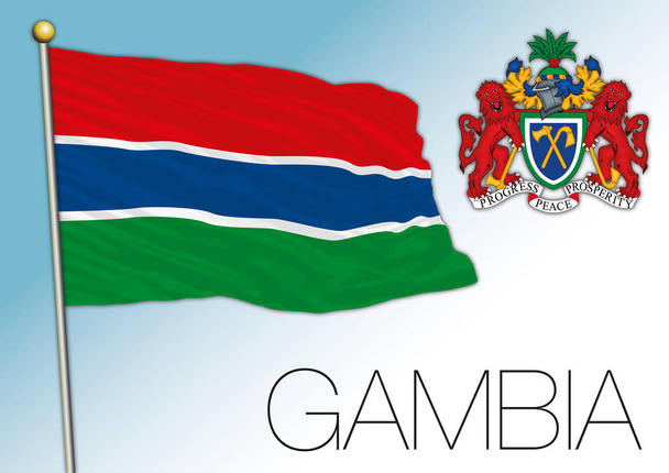 Gambia bandeira oficial nacional e brasão de armas, país africano, ilustração vetorial
 - Vetor, Imagem