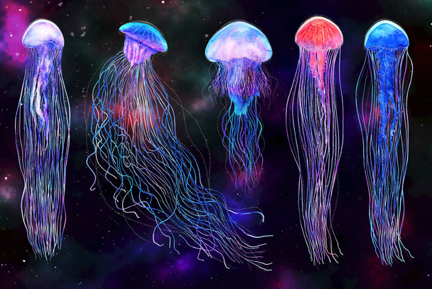 Medúzy nastavují akvarel na pozadí galaxie. Fantastická ilustrace. Medusa na obloze tmavé textury, barevný futuristický design - Fotografie, Obrázek