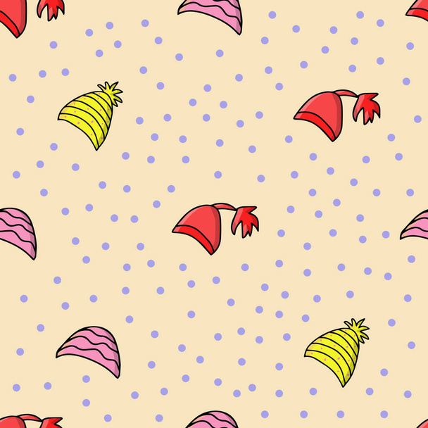Vector background. Seamless pattern with winter hat. Warm winter hat in doodle style. Vector hand drawn illustration - ベクター画像