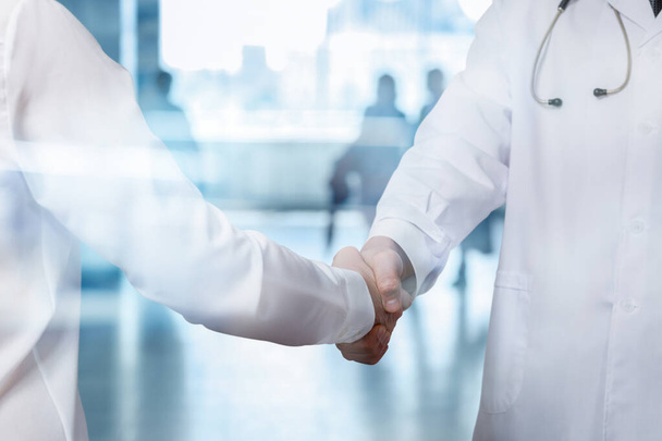 Doctor shakes hands with a businesswoman on blurred background. - Photo, Image