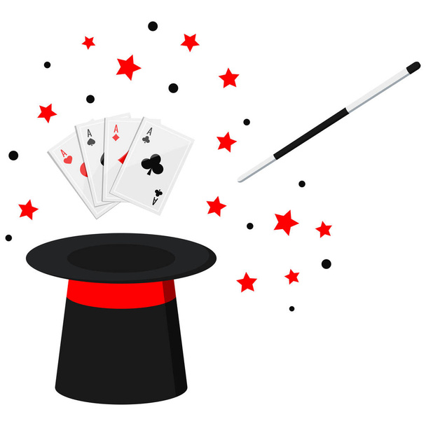 Magician s black hat, magic hat with aces four of a kind poker out, magic wand in action and star isolated on white background. Vector flat casino show with playing cards illustration in cartoon style - Wektor, obraz