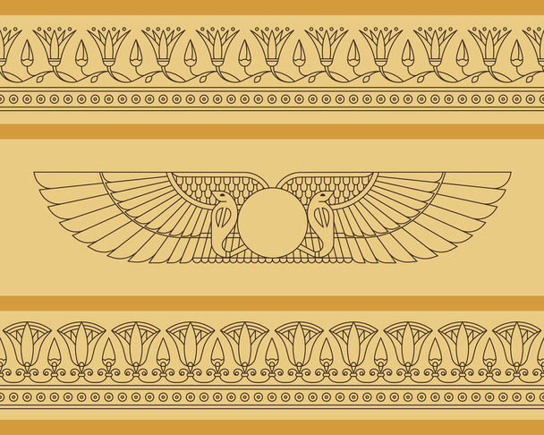 Vector seamless horizontal pattern of winged disk in egyptian style with lotus flowers - Διάνυσμα, εικόνα