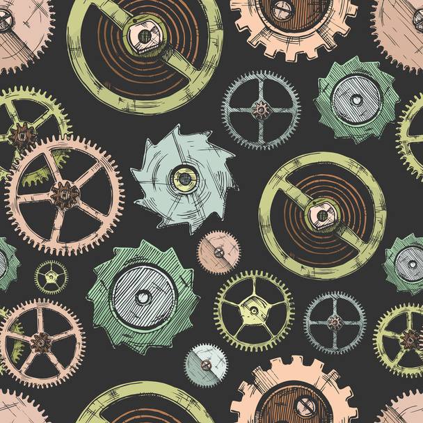 Vector seamless pattern with different gears and clockwork elements. illustration background in ink hand drawn style. - Vector, Image