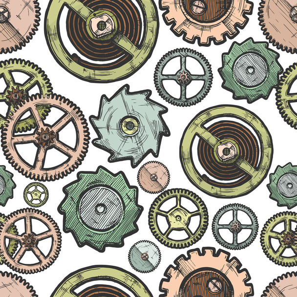 Vector seamless pattern with different gears and clockwork elements. illustration background in ink hand drawn style. - Vector, Image