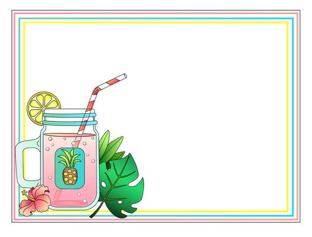 Horizontal multi-colored frame decorated with a drink in a jar with a drinking straw and tropical leaves. Frame with copy space for your content. Vector frame for print or website. - Вектор, зображення