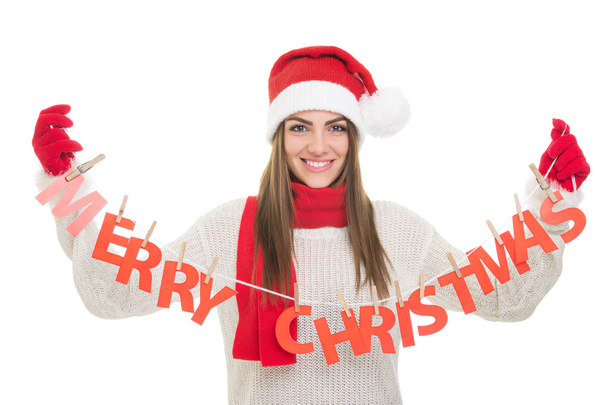 Happy woman with Merry Christmas text decoration - Фото, зображення