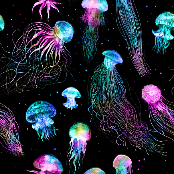 Pattern seamless jellyfishes Space colorful repeat texture wallpaper illustration Night galaxy mix with watercolor jelly fishes in bright style vivid blue purple violet isolated on dark background, fashion - Photo, Image