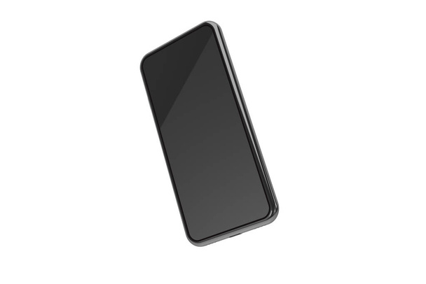 3D-Rendering, seitliche und perspektivische Ansicht der einzelnen Mock-up-Bild der neuen Generation Vollbild-Smartphone mit dunklen leeren Bildschirm Vorlage auf weiß. - Foto, Bild
